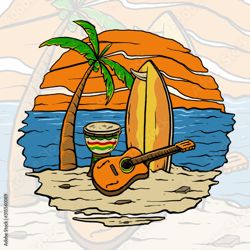 guitar and surfing board in the sun set of beach vector illustration