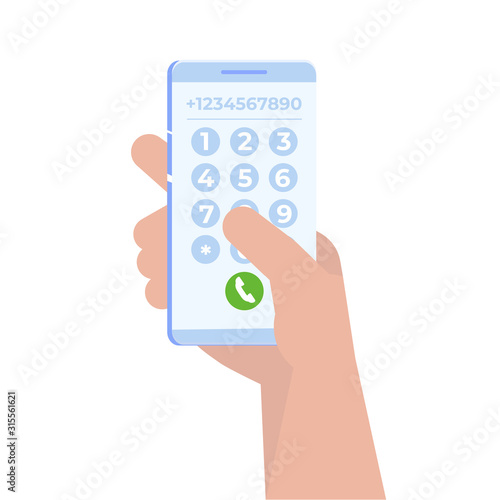 Hand with smartphone dialing, Dial number, connection concept. Vector illustration.