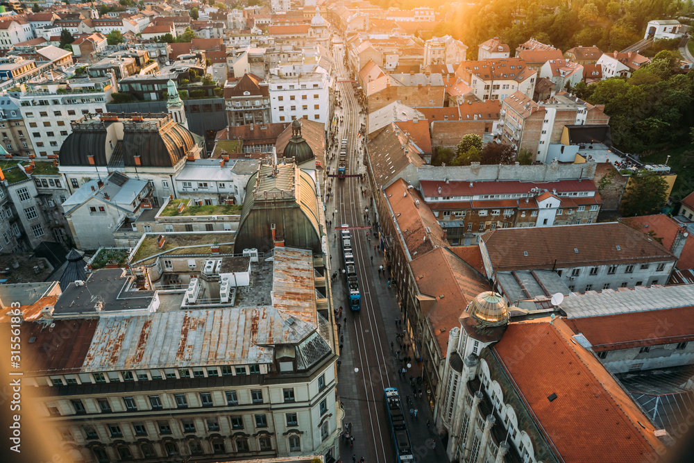 Fototapeta premium Zagreb Croatia. Aerial View from above of Ban Jelacic Square