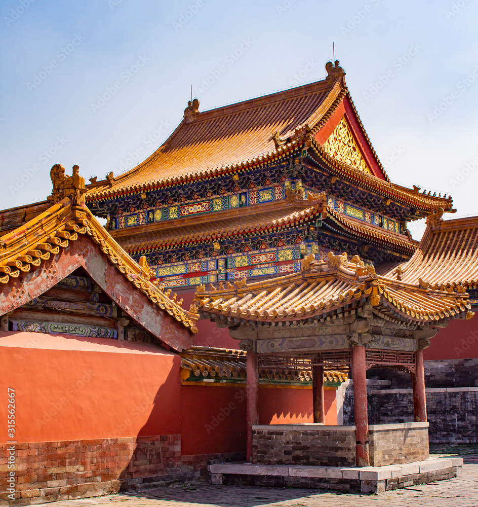  Roofs of houses and buildings in the Forbidden City. Chinese culture. Chinese religion. forbidden city