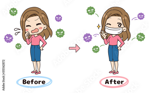 感染症を心配する女性のイラスト　ビフォーアフター　全身図