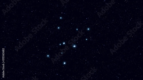 Crater constellation, gradually zooming rotating image with stars and outlines, 4K educational video 