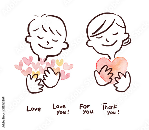 Illustration of men and women embracing many hearts