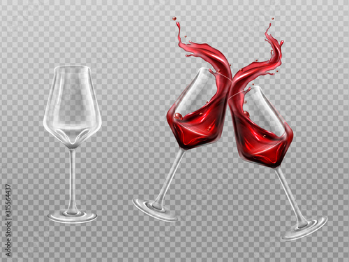 Wineglasses with red wine clink. Empty and full glasses with alcohol drink, liquid splashes and droplets mockup, vine beverage isolated on transparent background Realistic 3d vector illustration