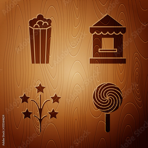 Set Lollipop, Popcorn in cardboard box, Fireworks and Ticket box office on wooden background. Vector