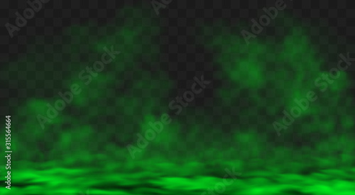 Green smog or fog clouds spreads on ground. Stink bad smell, smoke or poison gases. Vector realistic chemical toxic vapour soaring in air isolated on transparent background