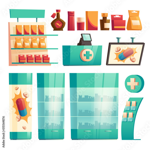 Pharmacy, drugstore shelves with medicines, showcase with pills. Vector cartoon set of isolated interior elements of pharmacy shop, counter with cashbox, showcase with medical products