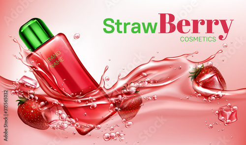 Strawberry cosmetics bottle floating in water with ice cubes and ripe berries mockup banner. Beauty cosmetic product tube, makeup remover or tonic ad promo poster. Realistic 3d vector illustration