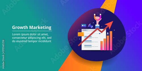 Growth marketing, positive trend, increasing arrow, financial and business growth, digital marketing, inbound concept. Web banner template.