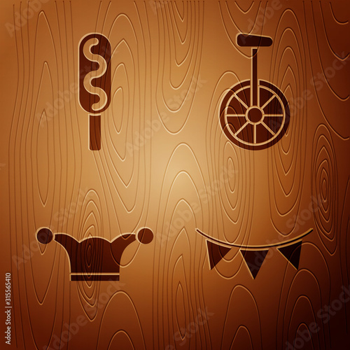 Set Carnival garland with flags, Corn dog, Jester hat with bells and Unicycle or one wheel bicycle on wooden background. Vector