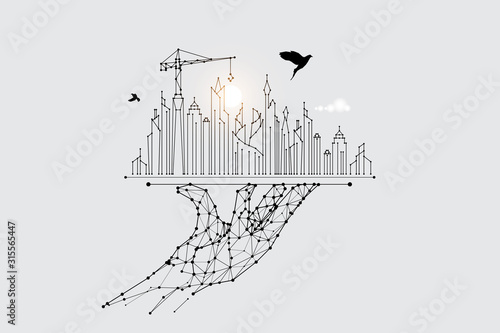 The particles, geometric art, line and dot of city building