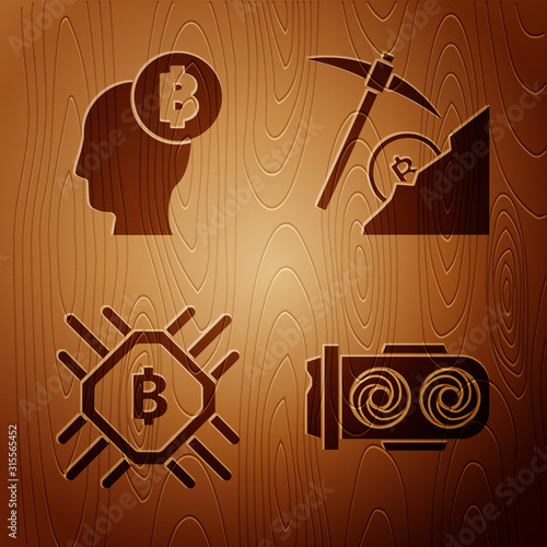 Set Mining farm, Bitcoin think, CPU mining farm and Cryptocurrency cloud mining on wooden background. Vector