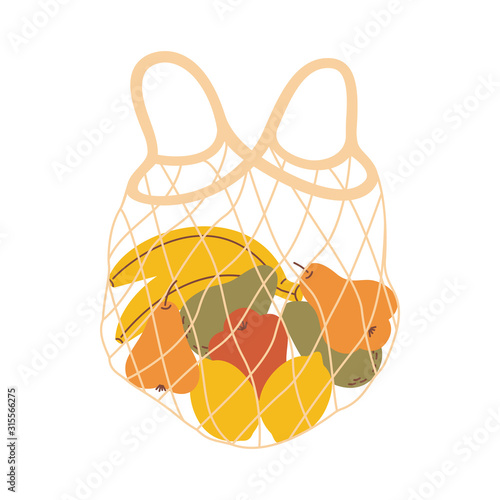 Mesh eco bag full of fresh fruit (lemon, avocado, banana, pear). Modern shopping bag with fresh organic food from local market isolated on white background. Vector illustration in flat cartoon style.