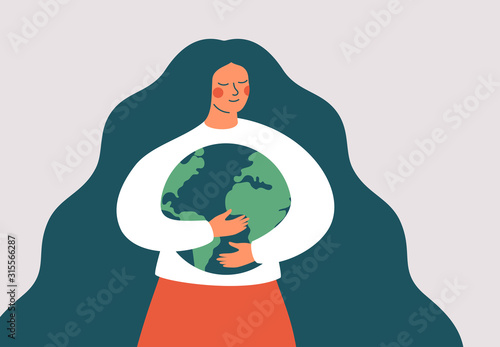 Young woman embraces green planet Earth with care and love. Vector illustration of Earth day and saving planet. Environment conservation and energy saving concept.
