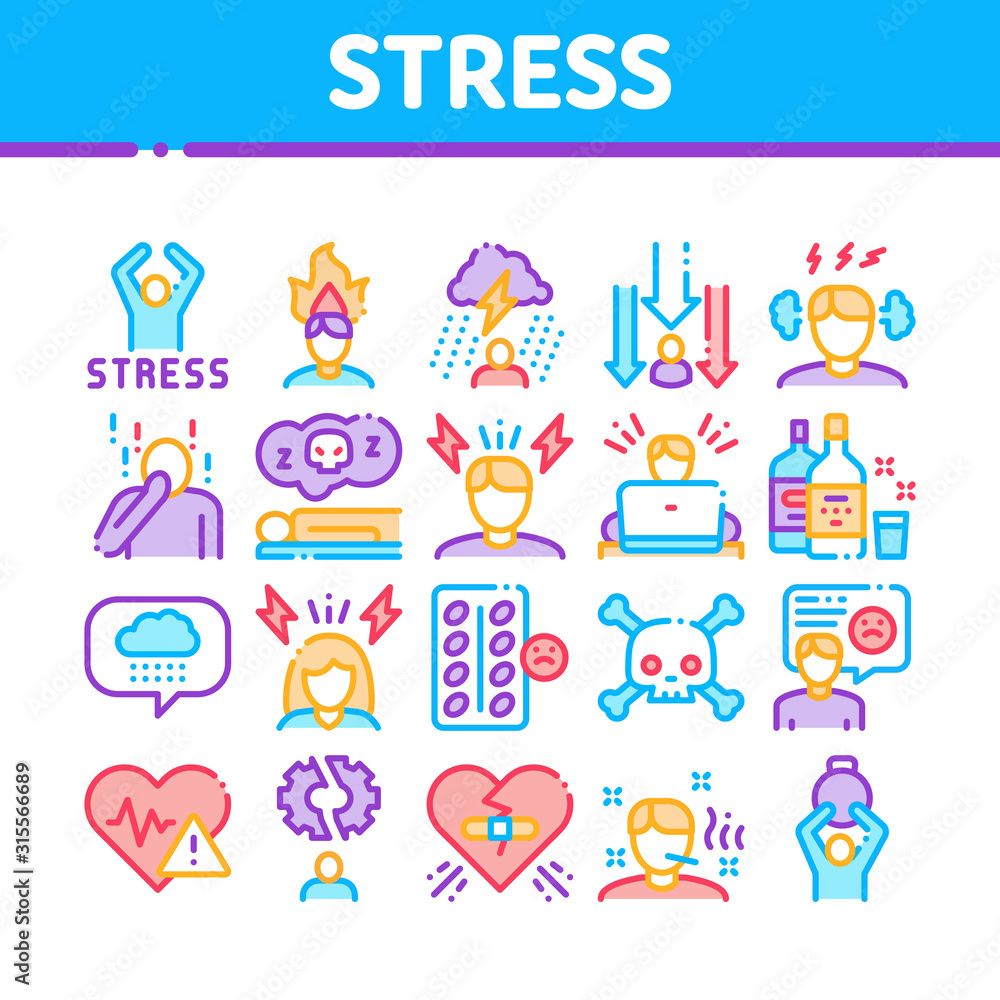 Stress And Depression Collection Icons Set Vector Thin Line. Anti Stress Pills And Alcoholic Drink Bottle, Angry Human And With Burning Head Concept Linear Pictograms. Color Contour Illustrations Stress And Depression Collection Icons Set Vector Thin Line. Anti Stress Pills And Alcoholic Drink Bottle, Angry Human And With Burning Head Concept Linear Pictograms. Color Contour Illustrations