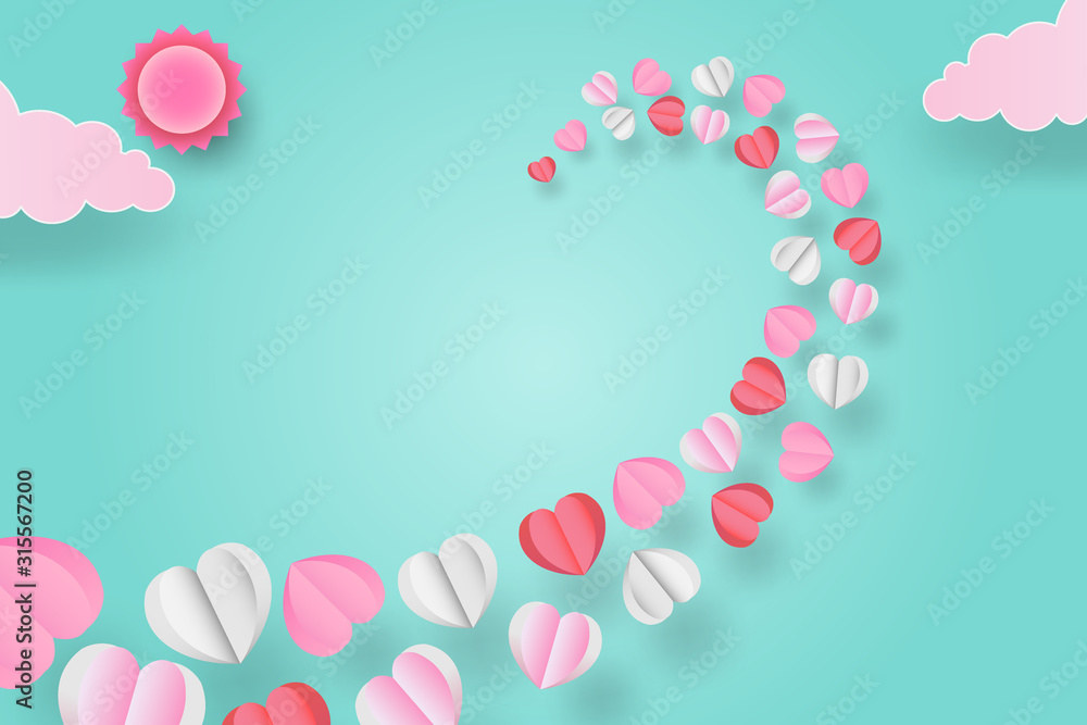 Illustration of valentine day. Many hearts are arranged into a heart shape. with copy space. paper cut art style.