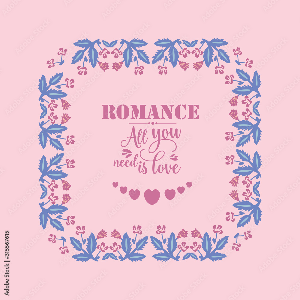 Romance Greeting card, with elegant of leaf and pink floral frame. Vector