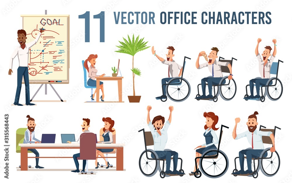 Disabled Office Workers, Employees Isolated Trendy Flat Vector Characters Set. Happy Men and Women Sitting in Wheelchair, Working at Meeting, Presenting Business Plan for Colleagues, Illustrations