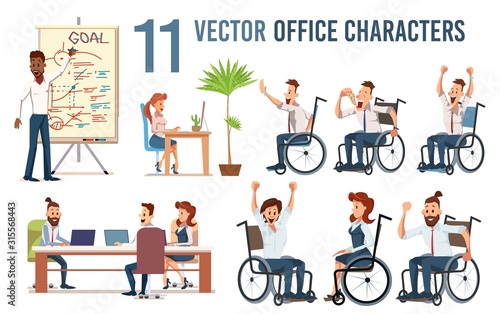 Disabled Office Workers, Employees Isolated Trendy Flat Vector Characters Set. Happy Men and Women Sitting in Wheelchair, Working at Meeting, Presenting Business Plan for Colleagues, Illustrations