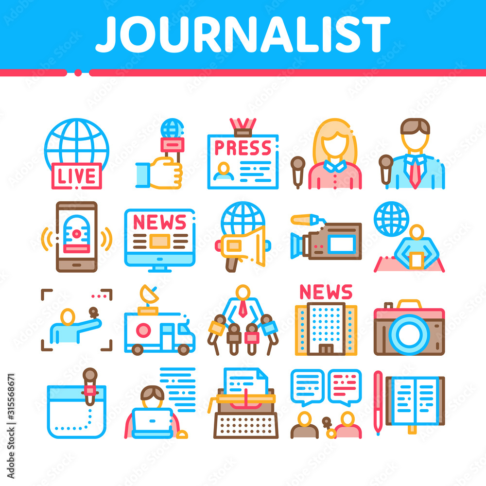 Journalist Reporter Collection Icons Set Vector Thin Line. Journalist And Hand With Microphone, Video And Photo Camera, Press And Live News Concept Linear Pictograms. Color Contour Illustrations