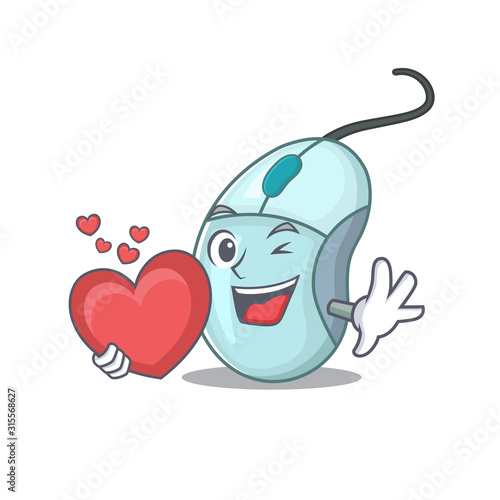 Funny Face computer mouse cartoon character holding a heart
