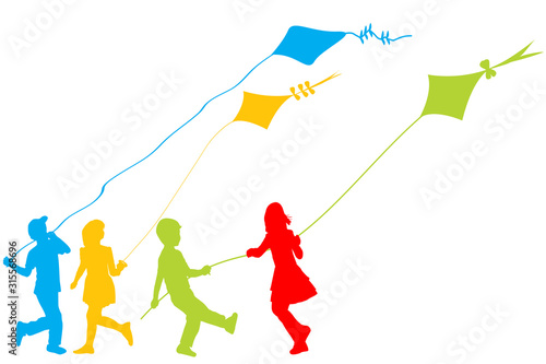 Colored silhouettes of children playing with kites