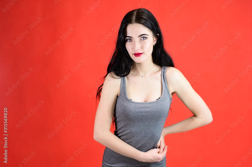 The concept of a beautiful female portrait with emotions. Portrait of a brunette girl with a smile with long hair with excellent makeup in a gray dress on a red background in different poses. The concept of a beautiful female portrait with emotions. Portrait of a brunette girl with a smile with long hair with excellent makeup in a gray dress on a red background in different poses.