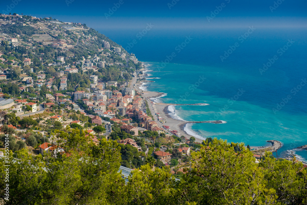 Sea coast, resort of southern Italy, Europe. View from above. Beach holidays in Europe