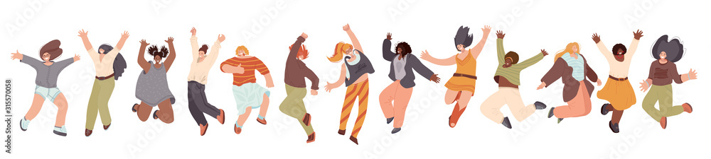 Vector flat collection of Happy Multiracial Woman illustration, dancing and jumping with joy, cheer, happiness, isolated on white background. Different race woman, unity, frendship and sisterhood