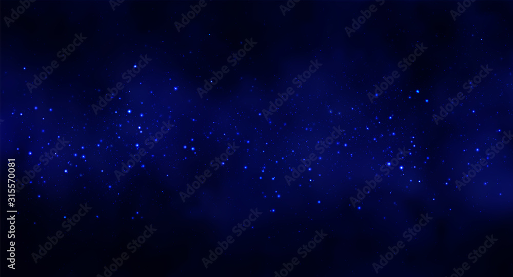 Vector illustration of Cosmos Space background with starry sky, star massive in deep cosmos in blue and black colors. Abstract futuristic, technology, astrology background. Deep space background