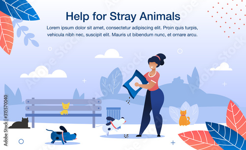 Welfare Volunteering, Help for Stray Animals Trendy Flat Vector Banner, Poster Template. Female Volunteer, African-American Woman Feeding, Care About Homeless Dogs and Cats in City Park Illustration