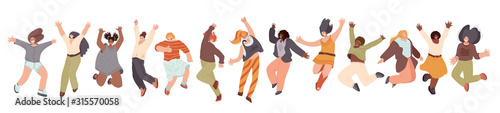 Vector flat collection of Happy Multiracial Woman illustration, dancing and jumping with joy, cheer, happiness, isolated on white background. Different race woman, unity, frendship and sisterhood photo