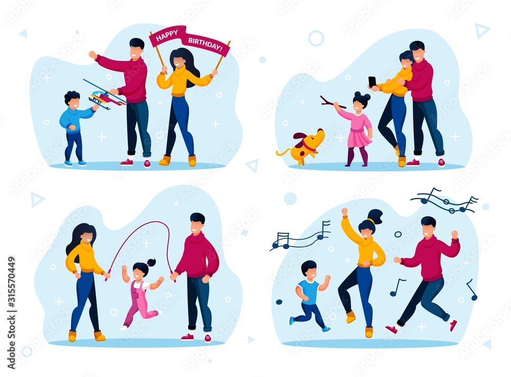 Preschooler Children Active Life, Happy Parenthood Trendy Flat Vector Concepts Set. Parents with Child Celebrating Birthday, Making Memorable Photos, Launching Kite, Dancing Together Illustrations Preschooler Children Active Life, Happy Parenthood Trendy Flat Vector Concepts Set. Parents with Child Celebrating Birthday, Making Memorable Photos, Launching Kite, Dancing Together Illustrations
