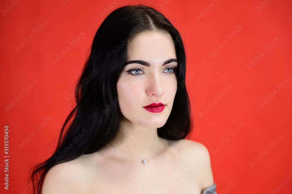 The concept of a glamorous female portrait. Portrait of a brunette girl with a smile with long hair with excellent makeup on a red background in various poses. The concept of a glamorous female portrait. Portrait of a brunette girl with a smile with long hair with excellent makeup on a red background in various poses.