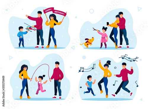 Preschooler Children Active Life, Happy Parenthood Trendy Flat Vector Concepts Set. Parents with Child Celebrating Birthday, Making Memorable Photos, Launching Kite, Dancing Together Illustrations