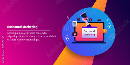 Outbound marketing, getting customer attention, communication, networking and relationship building concept. Web banner template with text.
