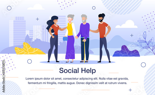 Social Help for Aged People, Volunteer Team Work Trendy Flat Vector Banner, Poster Template. African-American Volunteers Group, Taking Care About Senior Couple, Helping Elderly Person Illustration