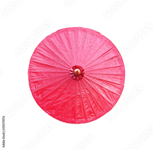 Red oil paper umbrella with water drops top view isolated on white background and clipping path