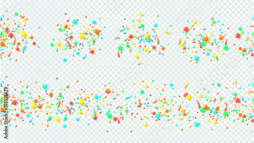 Seamless patterns with colorful sprinkled sweets. Vector illustration with realistic colorful tiny candies isolated on transparent background. Decorative elements.