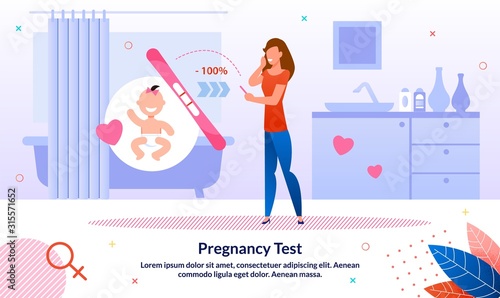 Pregnancy Test Trendy Flat Vector Banner, Poster Template. Pregnant Woman Looking on Pregnancy Positive Test Stripe, Young Lady Excited and Surprised Because of Successful Pregnancy Illustration