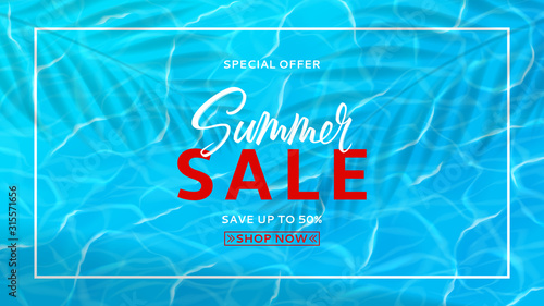 Summer sale horizontal banner template. Water surface texture template. Realistic transparent water texture with sea waves. Vector illustration. Seasonal discount offer.
