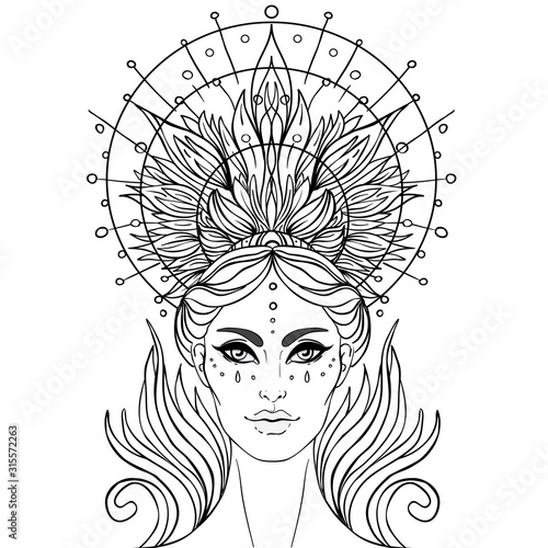 Lady of Sorrow. Devotion to the Immaculate Heart of Blessed Virgin Mary, Queen of Heaven. Vector illustration over halo or ornate mandala isolated. Hand-drawn, religion, spirituality, occultism.