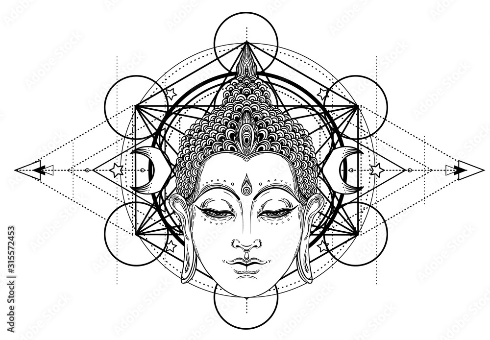 Buddha face over ornate mandala round pattern. Esoteric vintage vector illustration. Indian, Buddhism, spiritual art. Hippie tattoo, spirituality, Thai god, yoga zen Coloring book pages for adults. - obrazy, fototapety, plakaty 