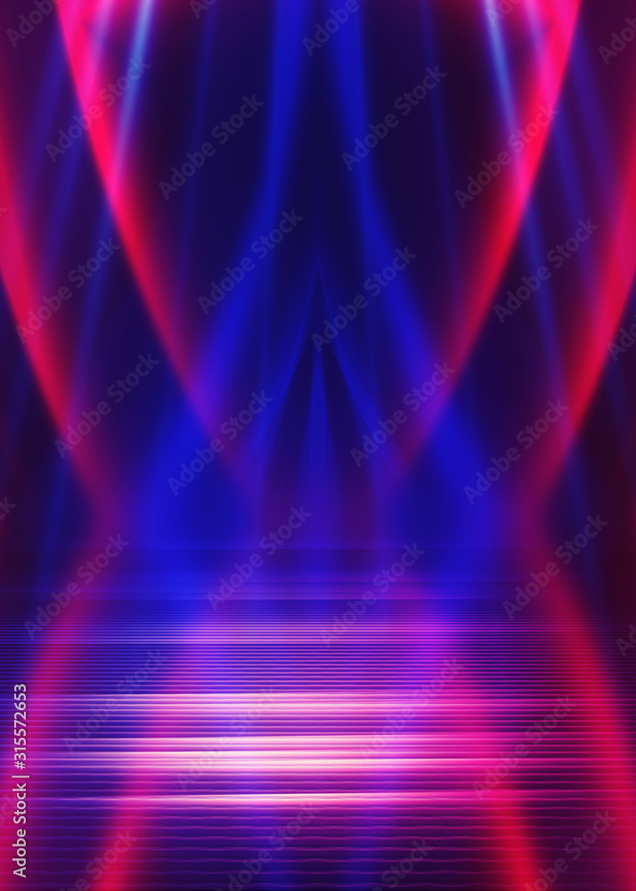 Empty dark abstract background. Background of empty show scene. Glow of neon lights on an empty concert venue. Reflection of light on the pavement. Empty dark abstract background. Background of empty show scene. Glow of neon lights on an empty concert venue. Reflection of light on the pavement.