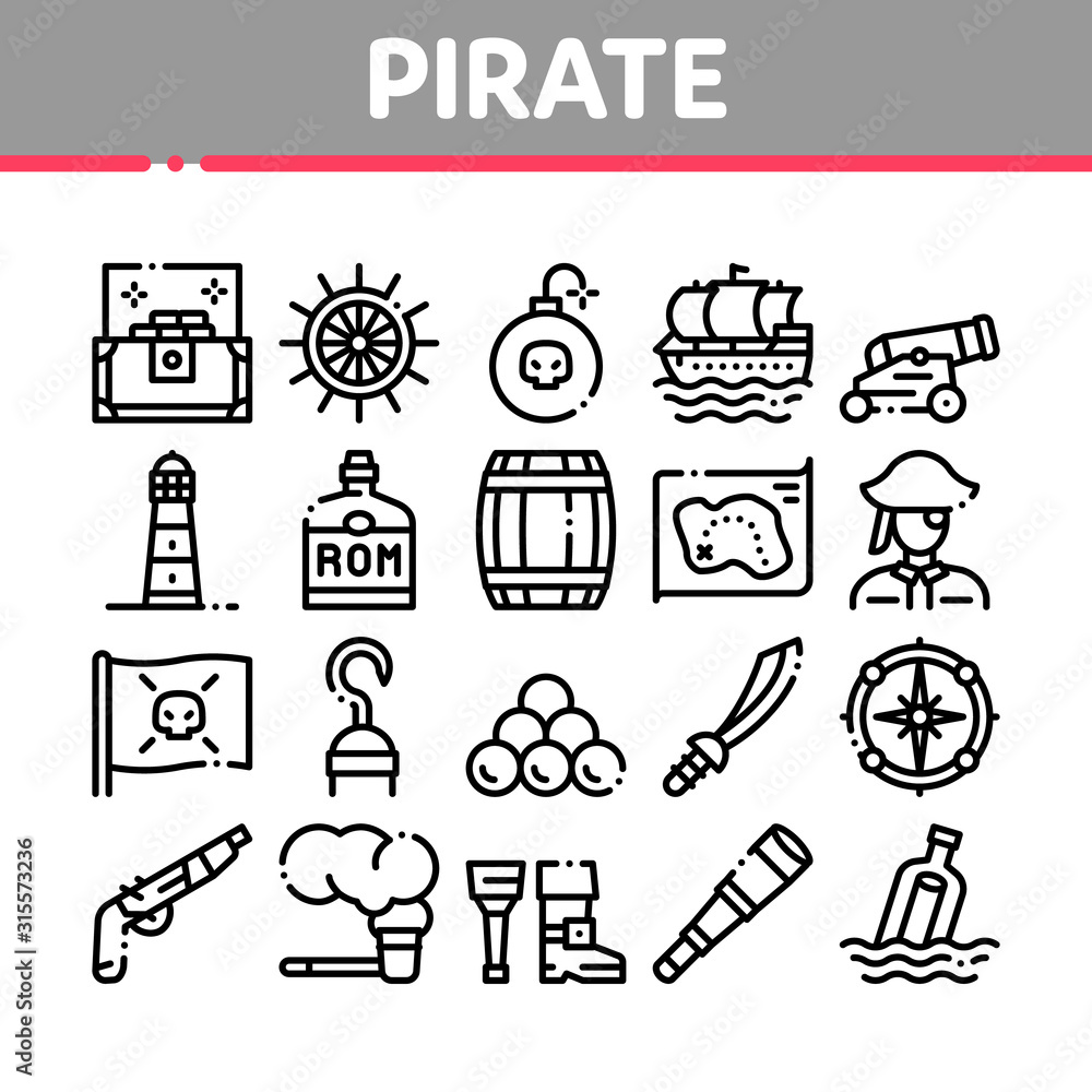 Pirate Sea Bandit Tool Collection Icons Set Vector Thin Line. Pirate Saber And Spyglass, Steering Rudder, Crossed Bones And Skull Flag Concept Linear Pictograms. Monochrome Contour Illustrations Pirate Sea Bandit Tool Collection Icons Set Vector Thin Line. Pirate Saber And Spyglass, Steering Rudder, Crossed Bones And Skull Flag Concept Linear Pictograms. Monochrome Contour Illustrations