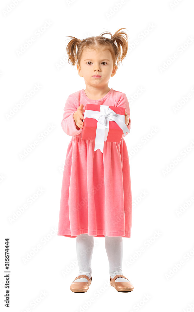 Cute little girl with gift box on white background Cute little girl with gift box on white background