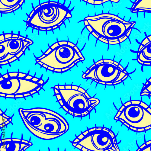 Eyes, seamless pattern over colorful dotted retro 80s, 90s abstract background. Vintage psychedelic textile, fabric, wrapping, wallpaper. Vector illustration. Astrology, religion. Conspiracy theory