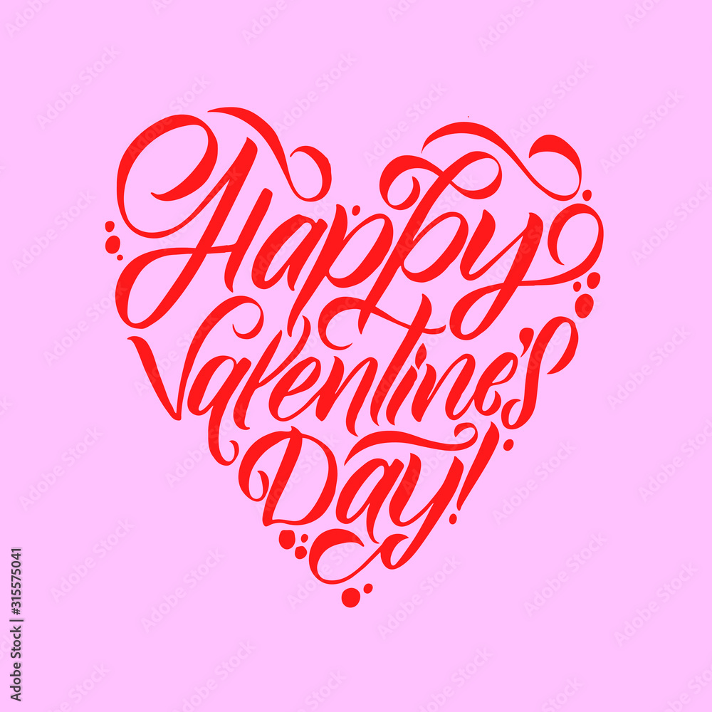 Happy Valentines Day White Lettering Pink Background. Heart Shape. Greeting Modern Card. Template with spring colors.