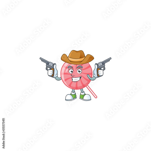 Confident pink round lollipop Cowboy cartoon character holding guns