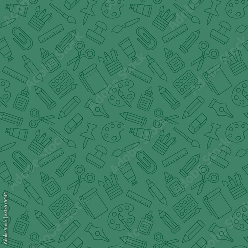 Stationery background, school tools seamless pattern. Art education wallpaper with line icons of pencil, pen, paintbrush, palette, notebook. Painter supplies vector illustration green color